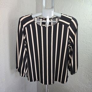 Adrianna Papell Black and Light Pink Striped Women's Top Keyhole Career